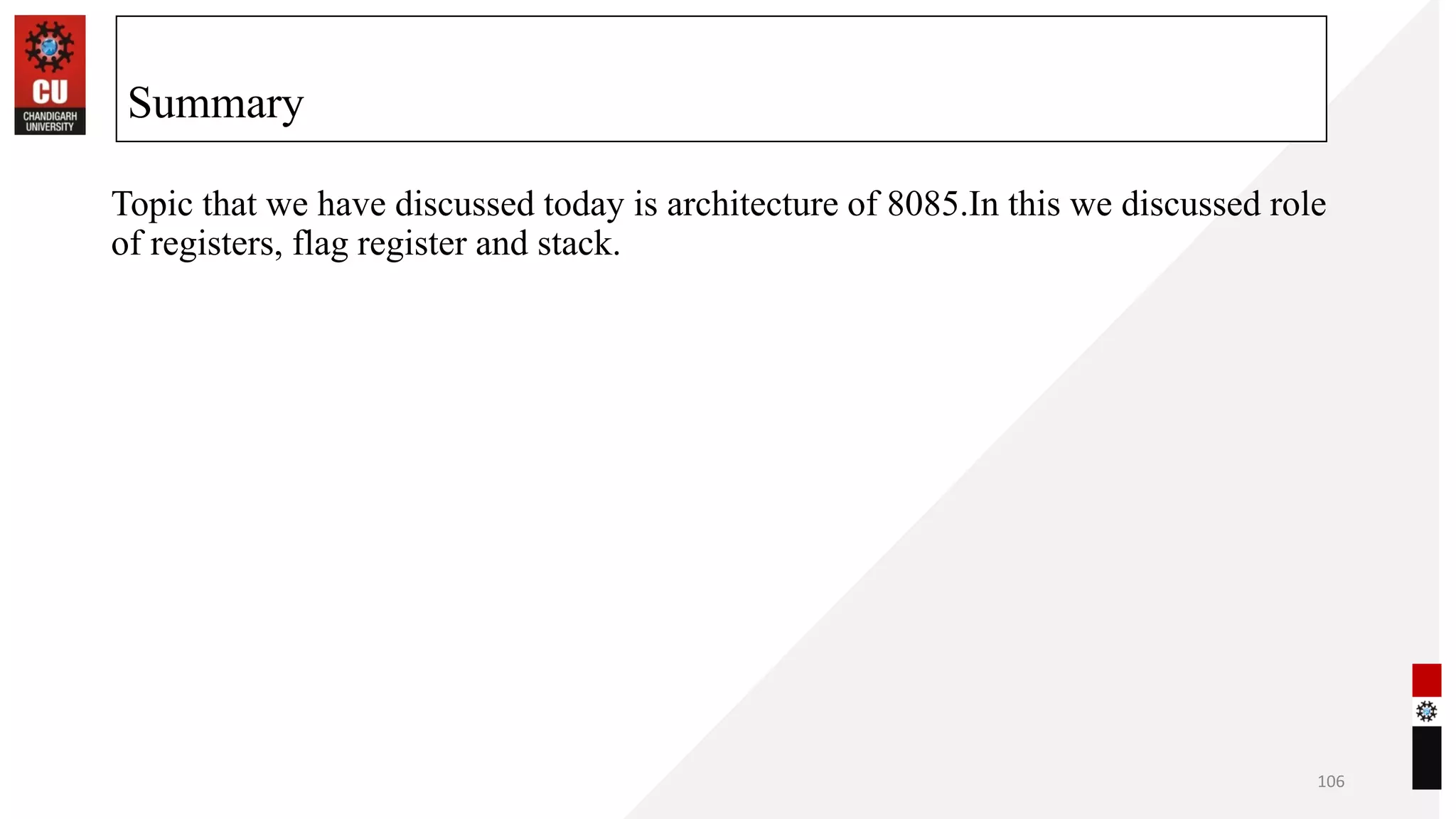 Topic that we have discussed today is architecture of 8085.In this we discussed role
of registers, flag register and stack.
106
Summary
 