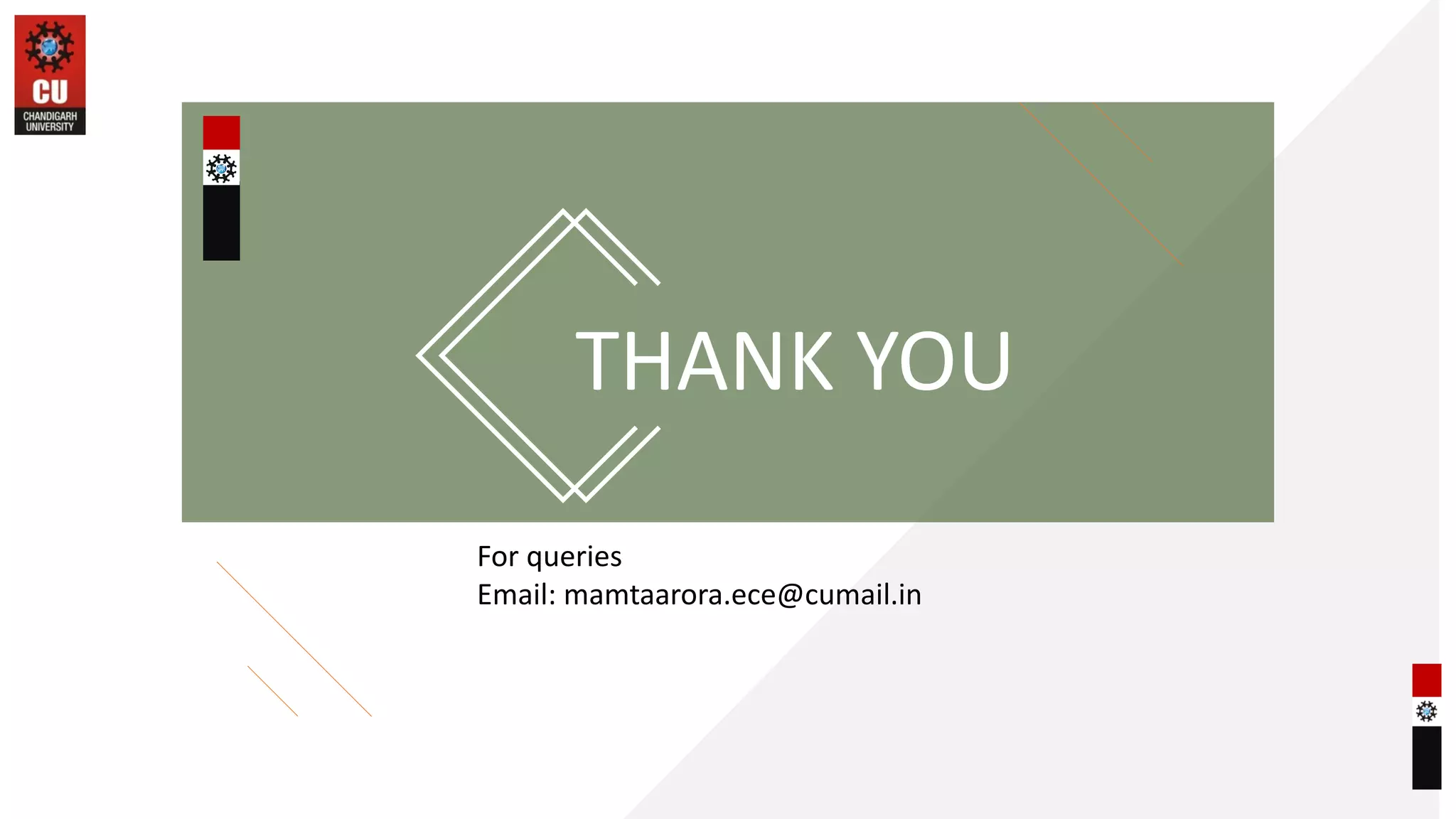 THANK YOU
For queries
Email: mamtaarora.ece@cumail.in
 