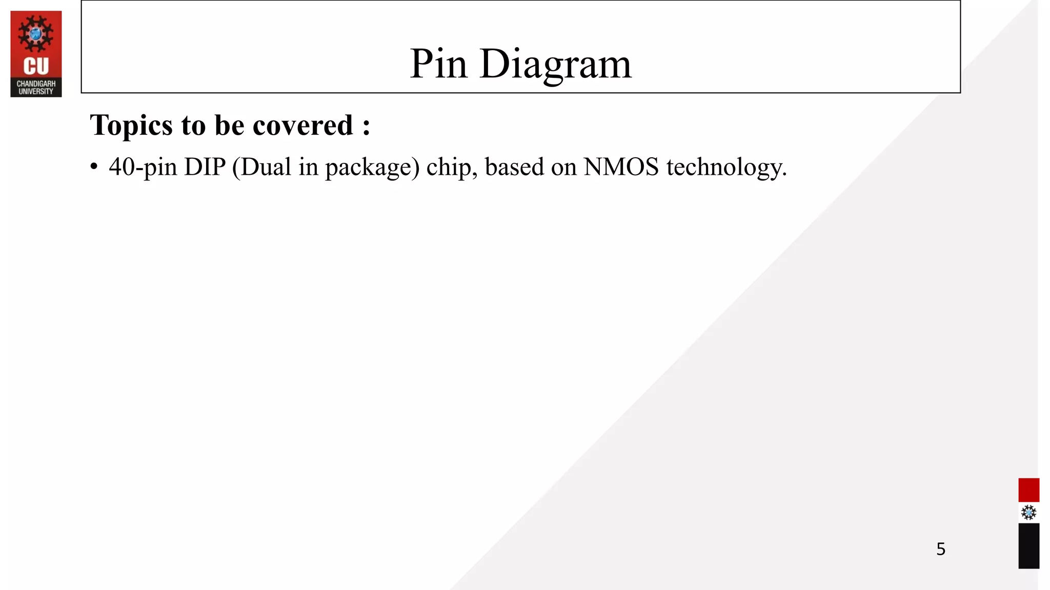 Pin Diagram
Topics to be covered :
• 40-pin DIP (Dual in package) chip, based on NMOS technology.
5
 