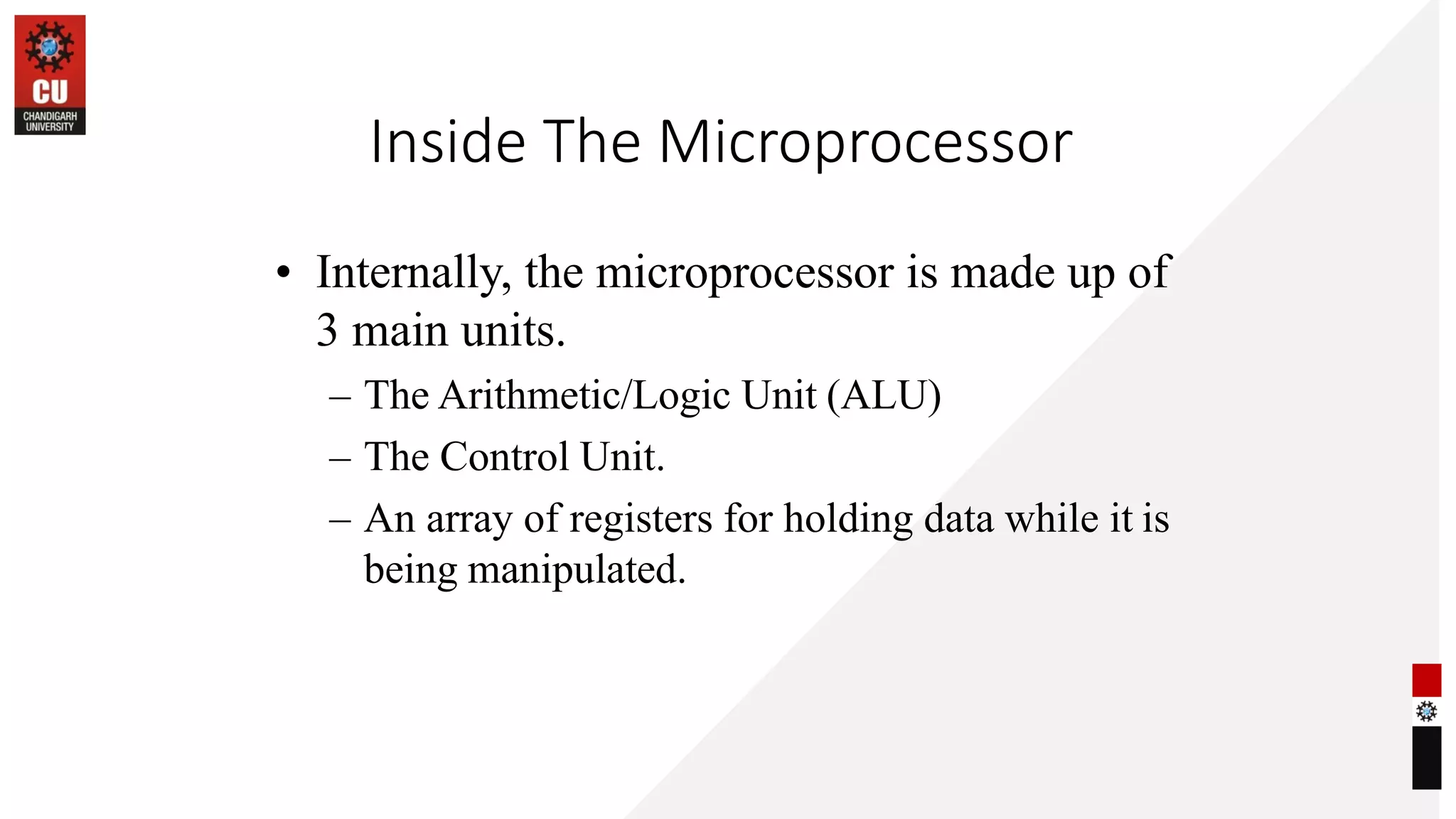 Inside The Microprocessor
• Internally, the microprocessor is made up of
3 main units.
– The Arithmetic/Logic Unit (ALU)
– The Control Unit.
– An array of registers for holding data while it is
being manipulated.
 