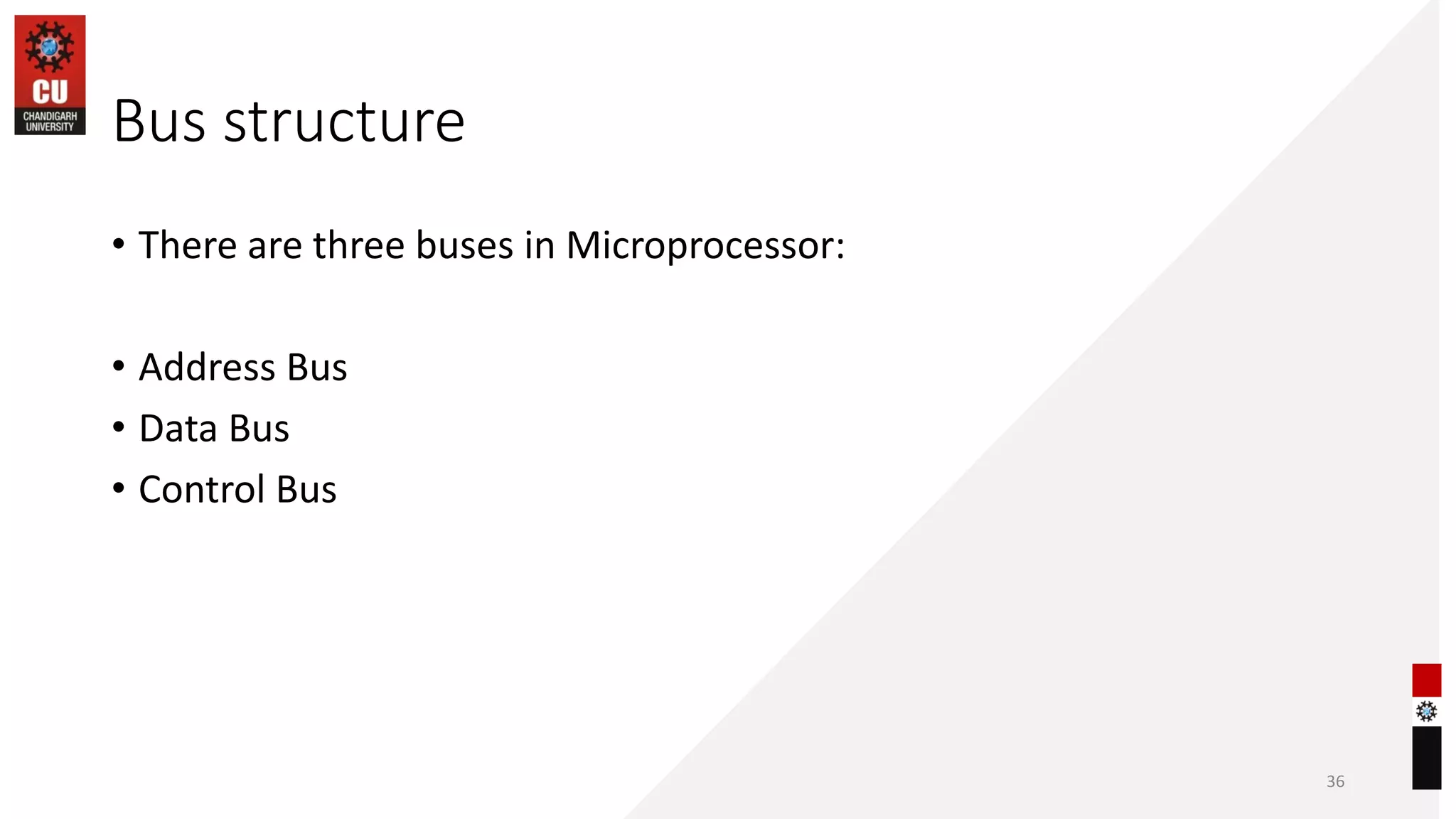 Bus structure
• There are three buses in Microprocessor:
• Address Bus
• Data Bus
• Control Bus
36
 
