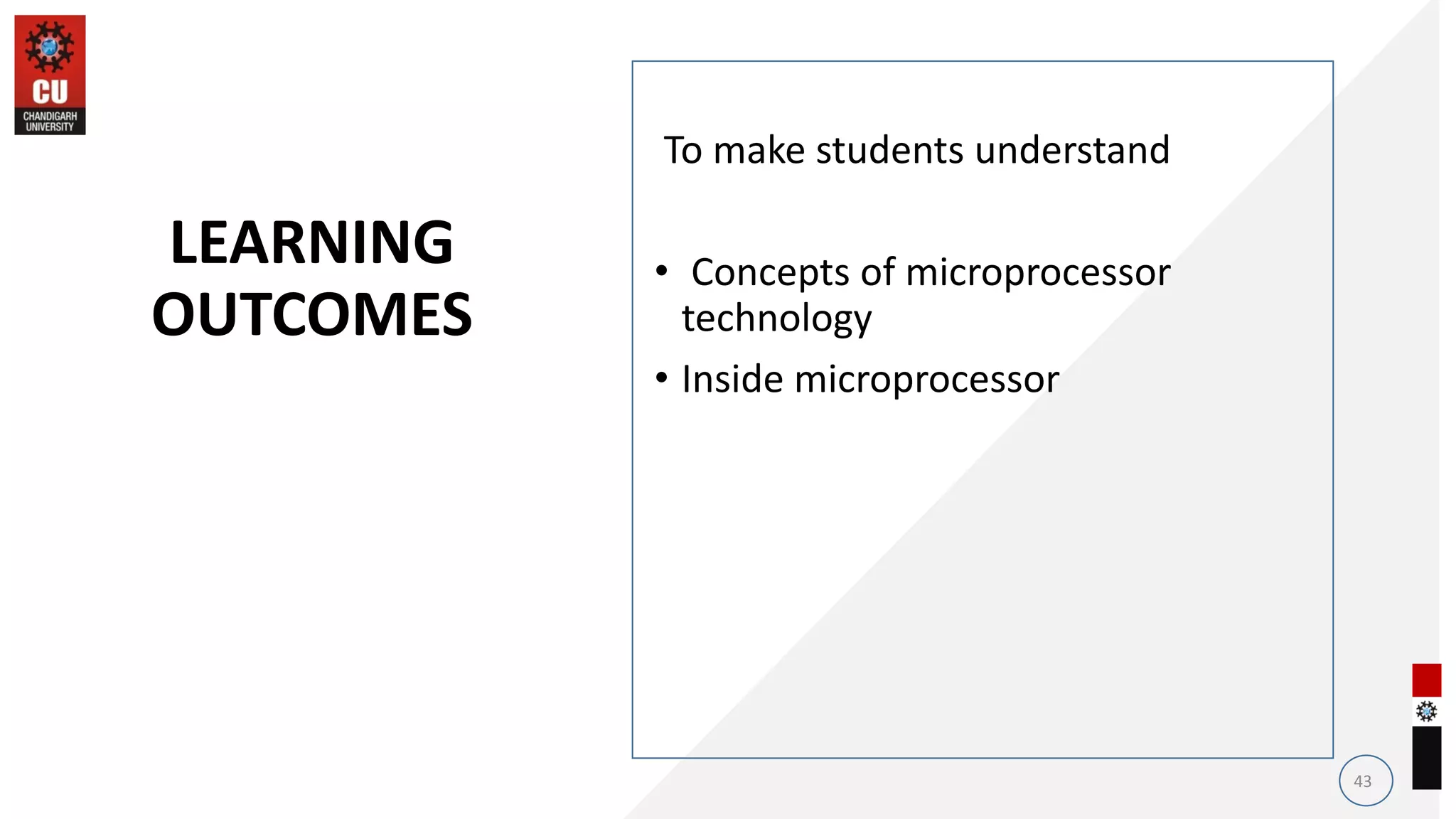 To make students understand
• Concepts of microprocessor
technology
• Inside microprocessor
43
LEARNING
OUTCOMES
 