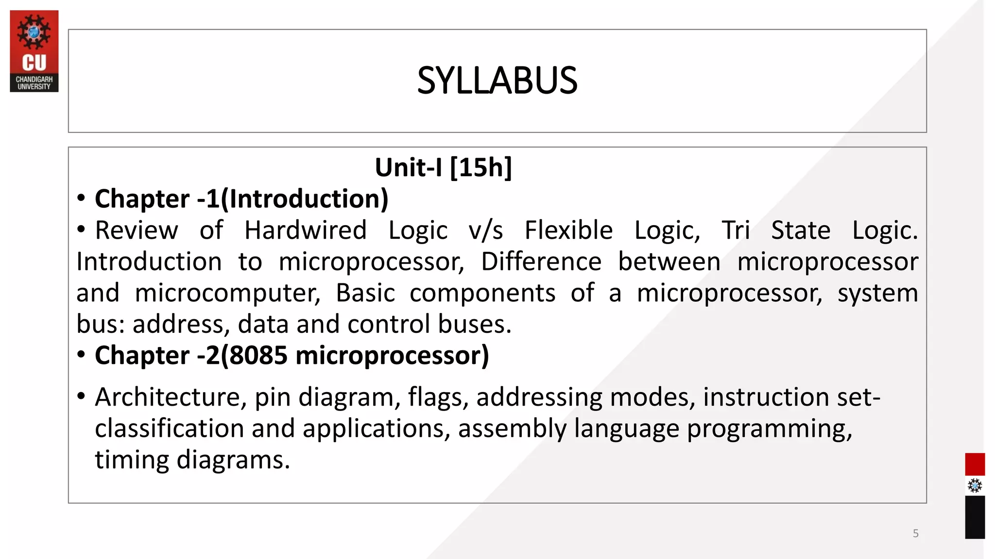SYLLABUS
Unit-I [15h]
• Chapter -1(Introduction)
• Review of Hardwired Logic v/s Flexible Logic, Tri State Logic.
Introduction to microprocessor, Difference between microprocessor
and microcomputer, Basic components of a microprocessor, system
bus: address, data and control buses.
• Chapter -2(8085 microprocessor)
• Architecture, pin diagram, flags, addressing modes, instruction set-
classification and applications, assembly language programming,
timing diagrams.
5
 