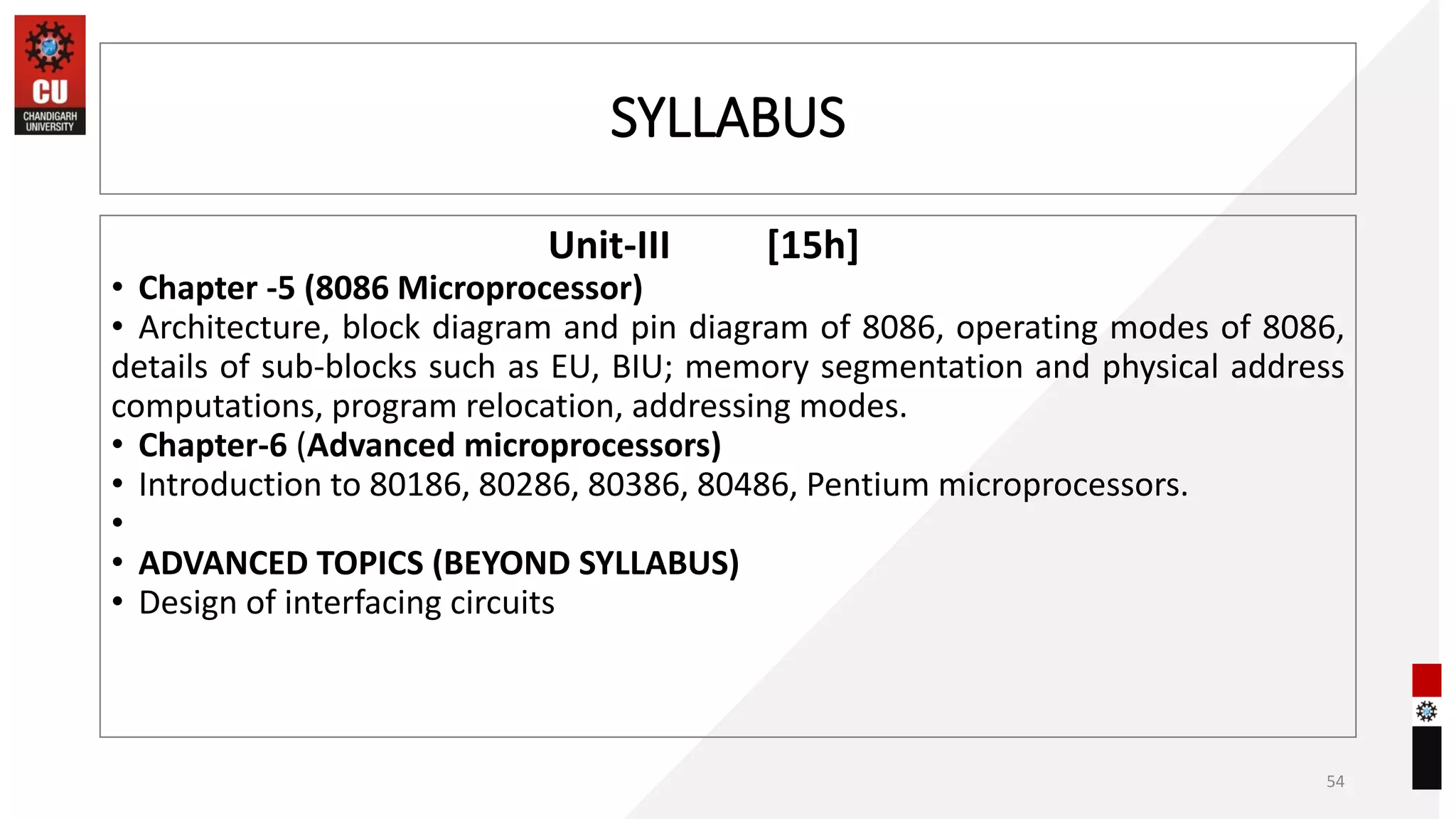 SYLLABUS
Unit-III [15h]
• Chapter -5 (8086 Microprocessor)
• Architecture, block diagram and pin diagram of 8086, operating modes of 8086,
details of sub-blocks such as EU, BIU; memory segmentation and physical address
computations, program relocation, addressing modes.
• Chapter-6 (Advanced microprocessors)
• Introduction to 80186, 80286, 80386, 80486, Pentium microprocessors.
•
• ADVANCED TOPICS (BEYOND SYLLABUS)
• Design of interfacing circuits
54
 