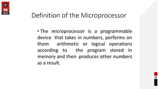 Definition of the Microprocessor
• The microprocessor is a programmable
device that takes in numbers, performs on
them arithmetic or logical operations
according to the program stored in
memory and then produces other numbers
as a result.
 