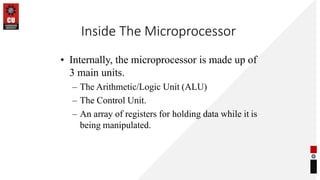Inside The Microprocessor
• Internally, the microprocessor is made up of
3 main units.
– The Arithmetic/Logic Unit (ALU)
– The Control Unit.
– An array of registers for holding data while it is
being manipulated.
 