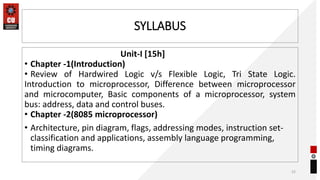 SYLLABUS
Unit-I [15h]
• Chapter -1(Introduction)
• Review of Hardwired Logic v/s Flexible Logic, Tri State Logic.
Introduction to microprocessor, Difference between microprocessor
and microcomputer, Basic components of a microprocessor, system
bus: address, data and control buses.
• Chapter -2(8085 microprocessor)
• Architecture, pin diagram, flags, addressing modes, instruction set-
classification and applications, assembly language programming,
timing diagrams.
52
 
