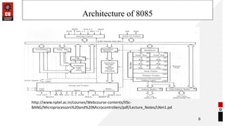 Architecture of 8085
6
http://www.nptel.ac.in/courses/Webcourse-contents/IISc-
BANG/Microprocessors%20and%20Microcontrollers/pdf/Lecture_Notes/LNm1.pd
 