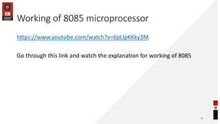 Working of 8085 microprocessor
https://www.youtube.com/watch?v=6pLlpKKky3M
Go through this link and watch the explanation for working of 8085
88
 