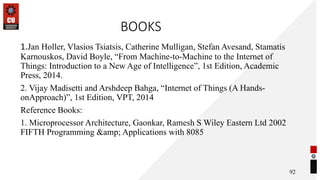 BOOKS
1.Jan Holler, Vlasios Tsiatsis, Catherine Mulligan, Stefan Avesand, Stamatis
Karnouskos, David Boyle, “From Machine-to-Machine to the Internet of
Things: Introduction to a New Age of Intelligence”, 1st Edition, Academic
Press, 2014.
2. Vijay Madisetti and Arshdeep Bahga, “Internet of Things (A Hands-
onApproach)”, 1st Edition, VPT, 2014
Reference Books:
1. Microprocessor Architecture, Gaonkar, Ramesh S Wiley Eastern Ltd 2002
FIFTH Programming &amp; Applications with 8085
92
 