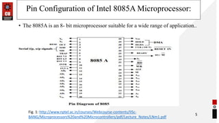 Pin Configuration of Intel 8085A Microprocessor:
• The 8085A is an 8- bit microprocessor suitable for a wide range of application..
5
Fig. 1: http://www.nptel.ac.in/courses/Webcourse-contents/IISc-
BANG/Microprocessors%20and%20Microcontrollers/pdf/Lecture_Notes/LNm1.pdf
 