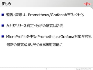 まとめ
Copyright 2018 FUJITSU LIMITED
監視・表示は、Prometheus/Grafanaがデファクト化
カナリアリリース判定・分析の研究は活発
MicroProfileを使うとPrometheus/Grafana対応が容易
最新の研究成果がそのまま利用可能に
25
 