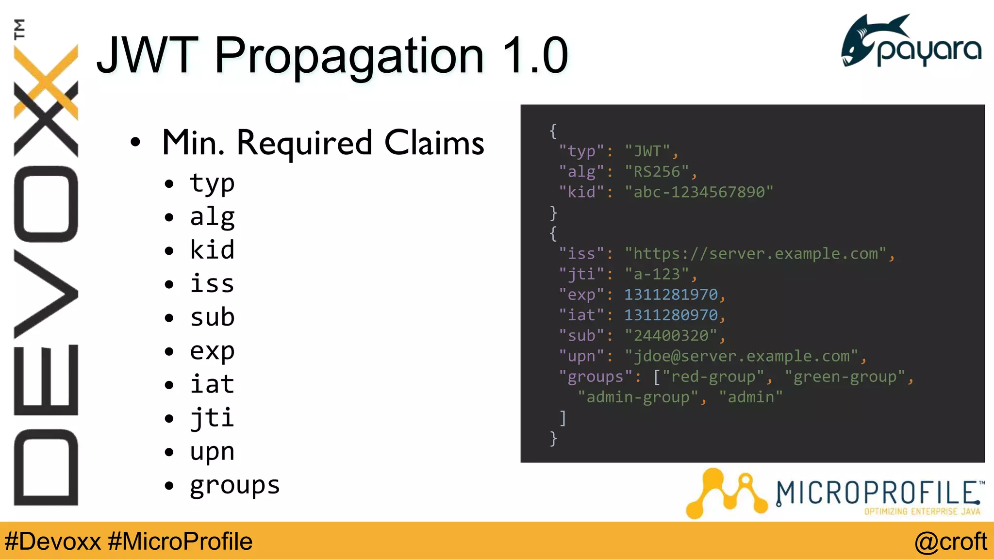 @croft#Devoxx #MicroProfile
JWT Propagation 1.0
• Min. Required Claims
• typ
• alg
• kid
• iss
• sub
• exp
• iat
• jti
• upn
• groups
{
"typ": "JWT",
"alg": "RS256",
"kid": "abc-1234567890"
}
{
"iss": "https://server.example.com",
"jti": "a-123",
"exp": 1311281970,
"iat": 1311280970,
"sub": "24400320",
"upn": "jdoe@server.example.com",
"groups": ["red-group", "green-group",
"admin-group", "admin"
]
}
 