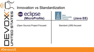 #DevoxxUS
Innovation vs Standardization
(Open Source) Project Focused Standard (JSR) focused
(Java EE)(MicroProfile)
 