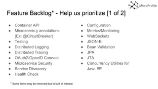 Feature Backlog* - Help us prioritize [1 of 2]
● Container API
● Microservic-y annotations
(Ex: @CircuitBreaker)
● Testing
● Distributed Logging
● Distributed Tracing
● OAuth2/OpenID Connect
● Microservice Security
● Service Discovery
● Health Check
● Configuration
● Metrics/Monitoring
● WebSockets
● JSON-B
● Bean Validation
● JPA
● JTA
● Concurrency Utilities for
Java EE
* Some Items may be removed due to lack of interest
 