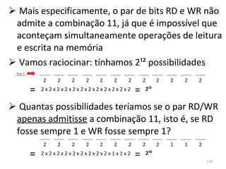 Mais especificamente, o par de bits RD e WR não admite a combinação 11, já que é impossível que aconteçam simultaneamente operações de leitura e escrita na memória Vamos raciocinar: tínhamos 2¹² possibilidades Quantas possibilidades teríamos se o par RD/WR  apenas admitisse  a combinação 11, isto é, se RD fosse sempre 1 e WR fosse sempre 1? 2 2 2 2 2 2 2 2 2 2 2 2 0 ou 1 = 2 x 2 x 2 x 2 x 2 x 2 x 2 x 2 x 2 x 2 x 2 x 2 = 2¹² 2 2 2 2 2 2 2 2 2 1 1 2 = 2 x 2 x 2 x 2 x 2 x 2 x 2 x 2 x 2 x 1 x 1 x 2 = 2¹⁰ 