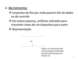 Barramentos Conjuntos de fios por onde passam bits de dados ou de controle Em outras palavras, artifícios utilizados para transmitir sinais de um dispositivo para outro Representação: ou n Onde n é o número de fios do barramento, lembrando que por cada fio passa um bit por vez 