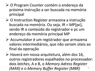 O Program Counter contém o endereço da próxima instrução a ser buscada na memória principal O Instruction Register armazena a instrução buscada na memória. Ou seja, IR = MP[pc], sendo IR o conteúdo do registrador e pc um endereço da memória principal MP Accumulator é um registrador que armazena valores intermediários, que não seriam úteis ao final da operação Haverá em nossa arquitetura, além dos 16, outros registradores espalhados no processador: dois  latches , A e B, o  Memory Adress Register (MAR)  e o  Memory Buffer Register (MBR) 