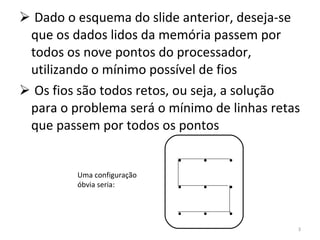 Dado o esquema do slide anterior, deseja-se que os dados lidos da memória passem por todos os nove pontos do processador, utilizando o mínimo possível de fios Os fios são todos retos, ou seja, a solução para o problema será o mínimo de linhas retas que passem por todos os pontos .  .  . .  .  . .  .  . Uma configuração óbvia seria: 