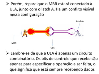 Porém, repare que o MBR estará conectado à ULA, junto com o latch A. Há um conflito visível nessa configuração Lembre-se de que a ULA é apenas um circuito combinatório. Os bits de controle que recebe são apenas para especificar a operação a ser feita, o que significa que está sempre recebendo dados MBR ULA Latch A 