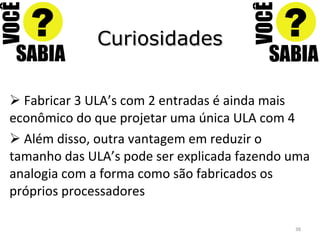 Curiosidades Fabricar 3 ULA’s com 2 entradas é ainda mais econômico do que projetar uma única ULA com 4 Além disso, outra vantagem em reduzir o tamanho das ULA’s pode ser explicada fazendo uma analogia com a forma como são fabricados os próprios processadores 