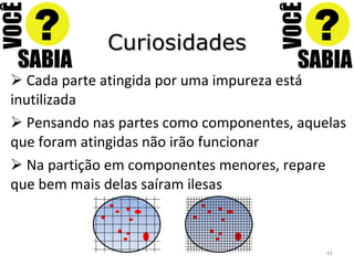 Curiosidades Cada parte atingida por uma impureza está inutilizada Pensando nas partes como componentes, aquelas que foram atingidas não irão funcionar Na partição em componentes menores, repare que bem mais delas saíram ilesas 
