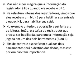 Mas não é por mágica que a informação do registrador é lida quando ele recebe o bit 1 Na estrutura interna dos registradores, vimos que eles recebem um bit HE para habilitar sua entrada e outro, HS, para habilitar sua saída No exemplo anterior, a operação a ser feita era de leitura. Então, é a saída do registrador que precisa ser habilitada, para que a informação seja jogada em um dos dois barramentos (A ou B) Bits de controle especificam qual dos dois barramentos será o destino dos dados, mas isso por ora não tem importância 