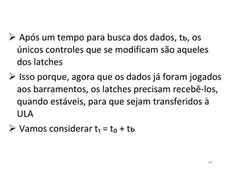 Após um tempo para busca dos dados, t ь , os únicos controles que se modificam são aqueles dos latches Isso porque, agora que os dados já foram jogados aos barramentos, os latches precisam recebê-los, quando estáveis, para que sejam transferidos à ULA Vamos considerar t₁ = t₀ + t ь 