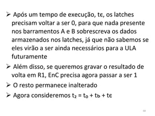 Após um tempo de execução, t є , os latches precisam voltar a ser 0, para que nada presente nos barramentos A e B sobrescreva os dados armazenados nos latches, já que não sabemos se eles virão a ser ainda necessários para a ULA futuramente Além disso, se queremos gravar o resultado de volta em R1, EnC precisa agora passar a ser 1 O resto permanece inalterado Agora consideremos t₂ = t₀ + t ь  + t є 