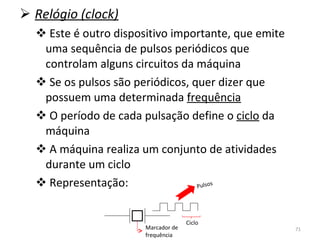 Relógio (clock) Este é outro dispositivo importante, que emite uma sequência de pulsos periódicos que controlam alguns circuitos da máquina Se os pulsos são periódicos, quer dizer que possuem uma determinada  frequência O período de cada pulsação define o  ciclo  da máquina A máquina realiza um conjunto de atividades durante um ciclo Representação: Marcador de frequência Ciclo Pulsos 