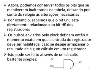 Agora, podemos conservar todos os bits que se mantiveram inalterados na tabela, deixando por conta do relógio as alterações necessárias Por exemplo, sabemos que o bit EnC está diretamente relacionado ao bit HE dos registradores Os pulsos enviados pelo clock definem então o momento exato em que a entrada do registrador deve ser habilitada, caso se deseje armazenar o resultado de algum cálculo em um registrador Isto pode ser feito através de um circuito bastante simples: CK EnC HE 