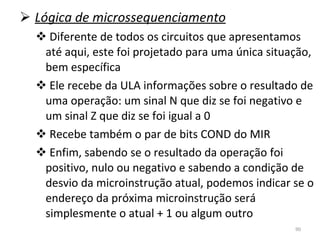 Lógica de microssequenciamento Diferente de todos os circuitos que apresentamos até aqui, este foi projetado para uma única situação, bem específica Ele recebe da ULA informações sobre o resultado de uma operação: um sinal N que diz se foi negativo e um sinal Z que diz se foi igual a 0 Recebe também o par de bits COND do MIR Enfim, sabendo se o resultado da operação foi positivo, nulo ou negativo e sabendo a condição de desvio da microinstrução atual, podemos indicar se o endereço da próxima microinstrução será simplesmente o atual + 1 ou algum outro 