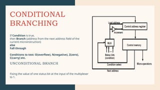 CONDITIONAL
BRANCHING
If Condition is true,
then Branch (address from the next address field of the
current microinstruction)
else
Fall through
Conditions to test: O(overflow), N(negative), Z(zero),
C(carry) etc.
Fixing the value of one status bit at the input of the multiplexer
to 1.
UNCONDITIONAL BRANCH
 