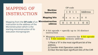 MAPPING OF
INSTRUCTION
 4 bit opcode = specify up to 16 distinct
instruction
Mapping from the OP-code of an
instruction to the address of the
Microinstruction which is the
starting microinstruction of its
execution microprogram
0 1 0 1 1 0 0
1 0 1 1 Address
0 x x x x 0 0
OP-code
Machine
Instruction
Mapping bits
Microinstruction
address
 Mapping process : converts the 4-bit opcode
to a 7-bit control memory address
1) Place a “0” in the most significant bit of the
address.
2) Transfer 4-bit Operation code bits
3) Clear the two least significant bits of the CAR
 