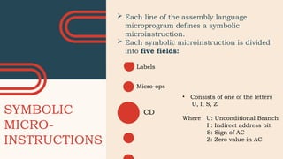 SYMBOLIC
MICRO-
INSTRUCTIONS
Labels
 Each line of the assembly language
microprogram defines a symbolic
microinstruction.
 Each symbolic microinstruction is divided
into five fields:
Micro-ops
• Consists of one of the letters
U, I, S, Z
Where U: Unconditional Branch
I : Indirect address bit
S: Sign of AC
Z: Zero value in AC
CD
 