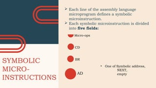 Micro-ops
SYMBOLIC
MICRO-
INSTRUCTIONS
Labels
 Each line of the assembly language
microprogram defines a symbolic
microinstruction.
 Each symbolic microinstruction is divided
into five fields:
CD
BR
• One of Symbolic address,
NEXT,
empty
AD
 