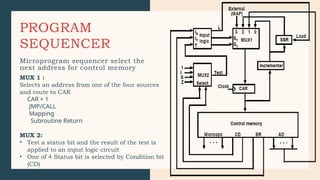 PROGRAM
SEQUENCER
Microprogram sequencer select the
next address for control memory
MUX 1 :
Selects an address from one of the four sources
and route to CAR
CAR + 1
JMP/CALL
Mapping
Subroutine Return
MUX 2:
• Test a status bit and the result of the test is
applied to an input logic circuit
• One of 4 Status bit is selected by Condition bit
(CD)
 
