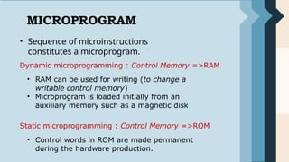IMPORTANT
TERMS
CONTROL WORD
• The control variables at any
time are represented by 1’s and
0’s, known as Control Word.
• Control words can be
programmed to perform various
operations.
MICROPROGRAMMED
CONTROL UNIT
• A control unit whose binary control
variables are stored in the memory is
called MICROPROGRAMMED CONTROL
UNIT.
MICROINSTRUCTIONS
• Each word in the control memory
contains microinstructions.
• It specifies one or more microoperations
for the system.
MICROPROGRAM
• Sequence of microinstructions
constitutes a microprogram.
Dynamic microprogramming : Control Memory =>RAM
• RAM can be used for writing (to change a
writable control memory)
• Microprogram is loaded initially from an
auxiliary memory such as a magnetic disk
• Control words in ROM are made permanent
during the hardware production.
Static microprogramming : Control Memory =>ROM
 