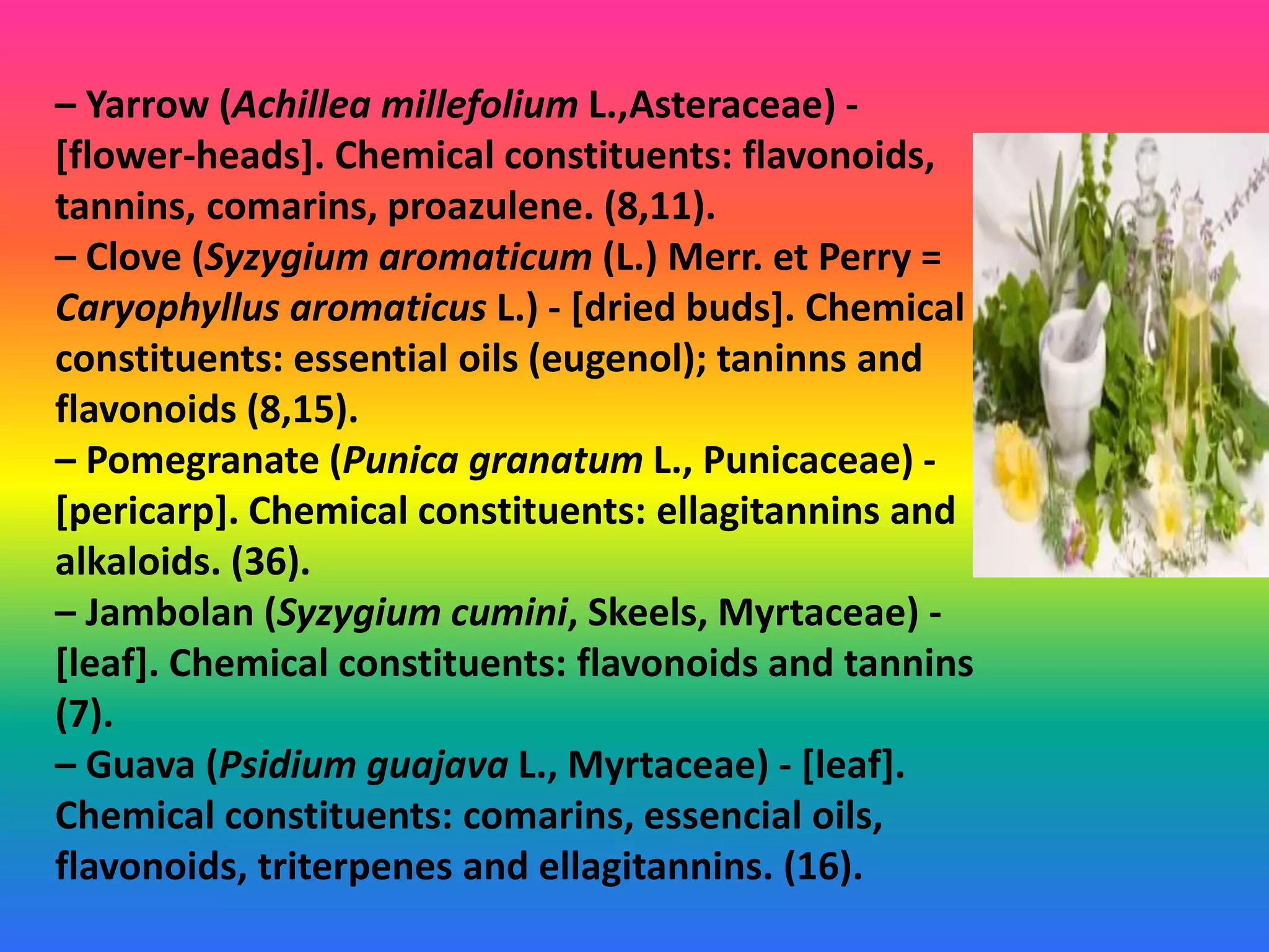 – Yarrow (Achillea millefolium L.,Asteraceae) -
[flower-heads]. Chemical constituents: flavonoids,
tannins, comarins, proazulene. (8,11).
– Clove (Syzygium aromaticum (L.) Merr. et Perry =
Caryophyllus aromaticus L.) - [dried buds]. Chemical
constituents: essential oils (eugenol); taninns and
flavonoids (8,15).
– Pomegranate (Punica granatum L., Punicaceae) -
[pericarp]. Chemical constituents: ellagitannins and
alkaloids. (36).
– Jambolan (Syzygium cumini, Skeels, Myrtaceae) -
[leaf]. Chemical constituents: flavonoids and tannins
(7).
– Guava (Psidium guajava L., Myrtaceae) - [leaf].
Chemical constituents: comarins, essencial oils,
flavonoids, triterpenes and ellagitannins. (16).
 