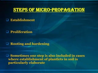 STEPS OF MICRO-PROPAGATION
 Establishment

 Proliferation

 Rooting and hardening

 Sometimes one step is also included in cases
where establishment of plantlets in soil is
particularly elaborate

 