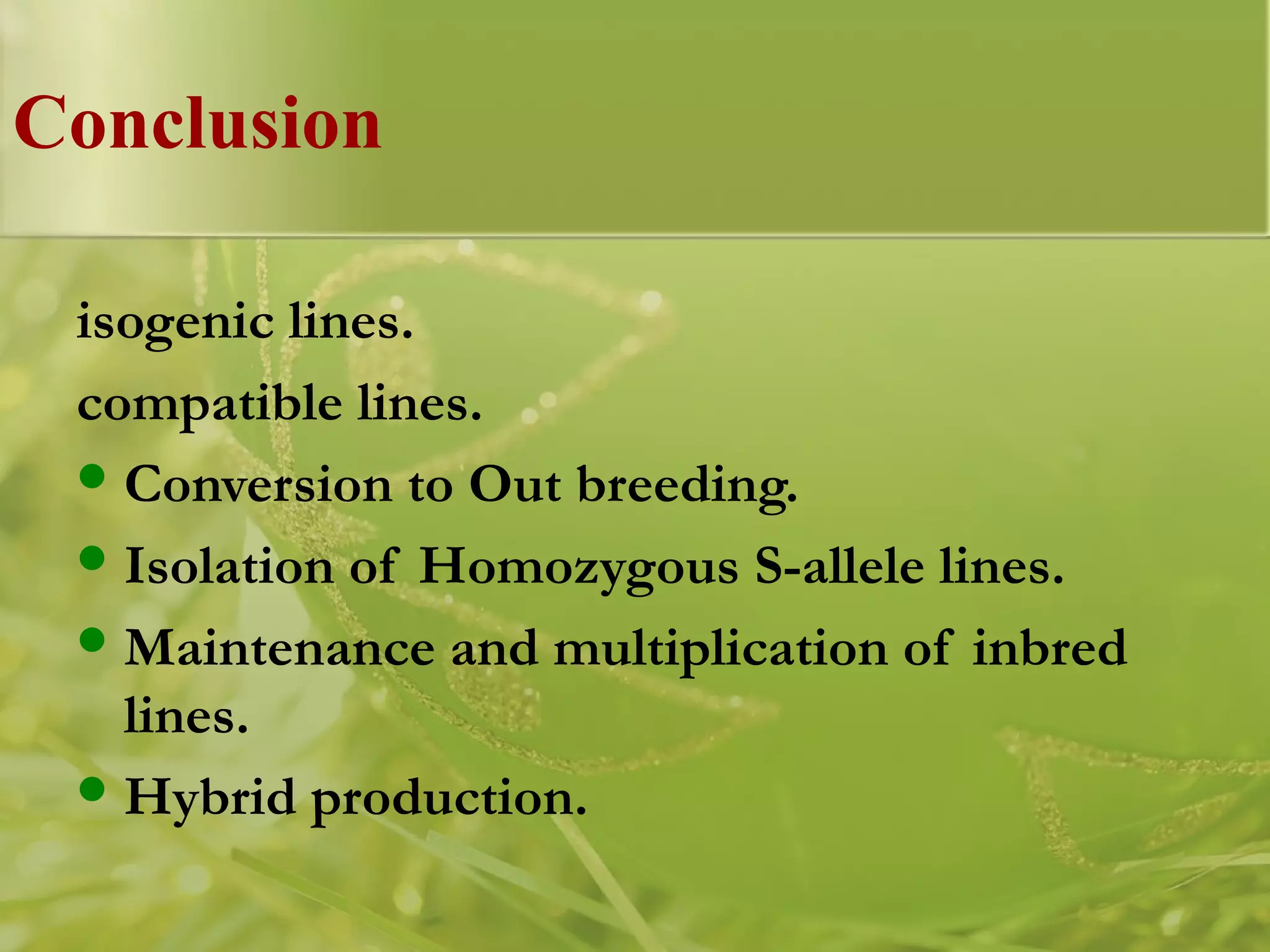 Conclusion
isogenic lines.
compatible lines.
Conversion to Out breeding.
Isolation of Homozygous S-allele lines.
Maintenance and multiplication of inbred
lines.
Hybrid production.
 