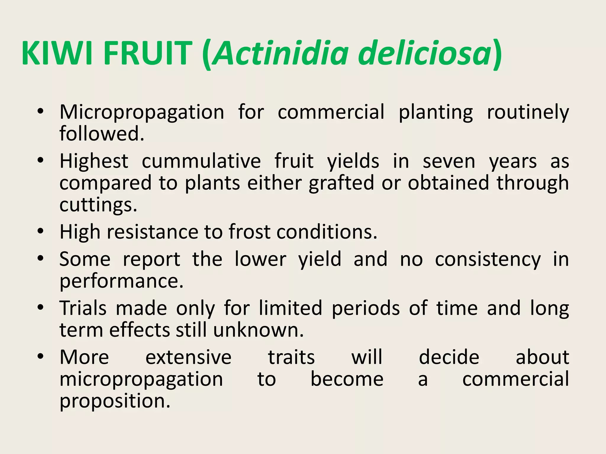 KIWI FRUIT (Actinidia deliciosa)
• Micropropagation for commercial planting routinely
followed.
• Highest cummulative fruit yields in seven years as
compared to plants either grafted or obtained through
cuttings.
• High resistance to frost conditions.
• Some report the lower yield and no consistency in
performance.
• Trials made only for limited periods of time and long
term effects still unknown.
• More extensive traits will decide about
micropropagation to become a commercial
proposition.
 