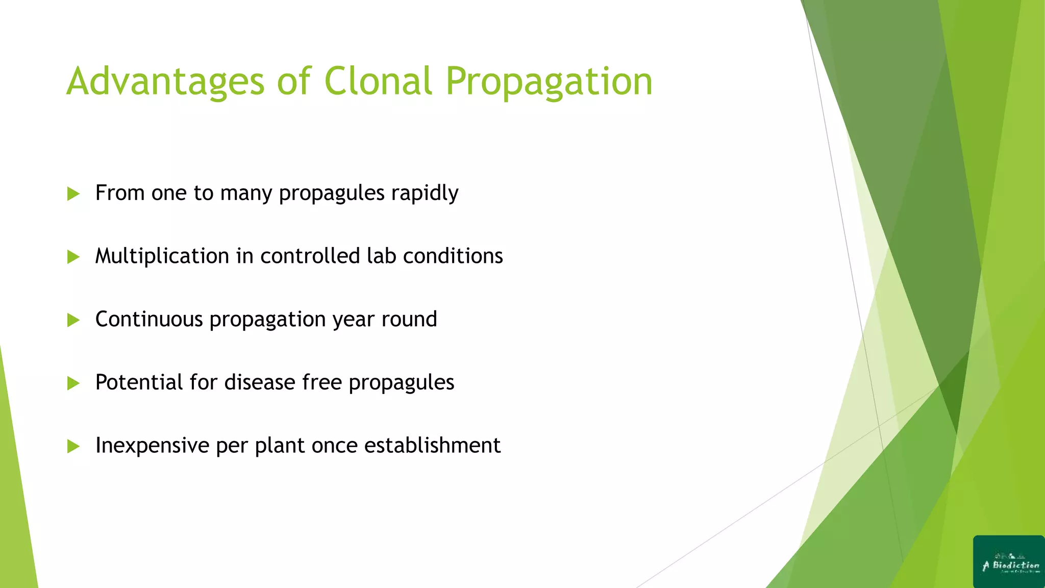 Advantages of Clonal Propagation
 From one to many propagules rapidly
 Multiplication in controlled lab conditions
 Continuous propagation year round
 Potential for disease free propagules
 Inexpensive per plant once establishment
 