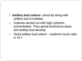 2. Axillary bud culture:- shoot tip along with
axillary bud is isolated.
 Cultures carried out with high cytokinin
concentration. Thus apical dominance stops
and axillary bud develop
 Good axillary bud culture – cytokinin/ auxin ratio
is 10:1.
 