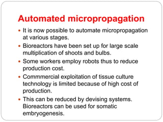 Automated micropropagation
 It is now possible to automate micropropagation
at various stages.
 Bioreactors have been set up for large scale
multiplication of shoots and bulbs.
 Some workers employ robots thus to reduce
production cost.
 Commmercial exploitation of tissue culture
technology is limited because of high cost of
production.
 This can be reduced by devising systems.
Bioreactors can be used for somatic
embryogenesis.
 