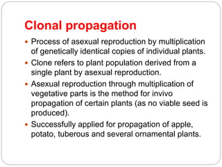 Clonal propagation
 Process of asexual reproduction by multiplication
of genetically identical copies of individual plants.
 Clone refers to plant population derived from a
single plant by asexual reproduction.
 Asexual reproduction through multiplication of
vegetative parts is the method for invivo
propagation of certain plants (as no viable seed is
produced).
 Successfully applied for propagation of apple,
potato, tuberous and several ornamental plants.
 