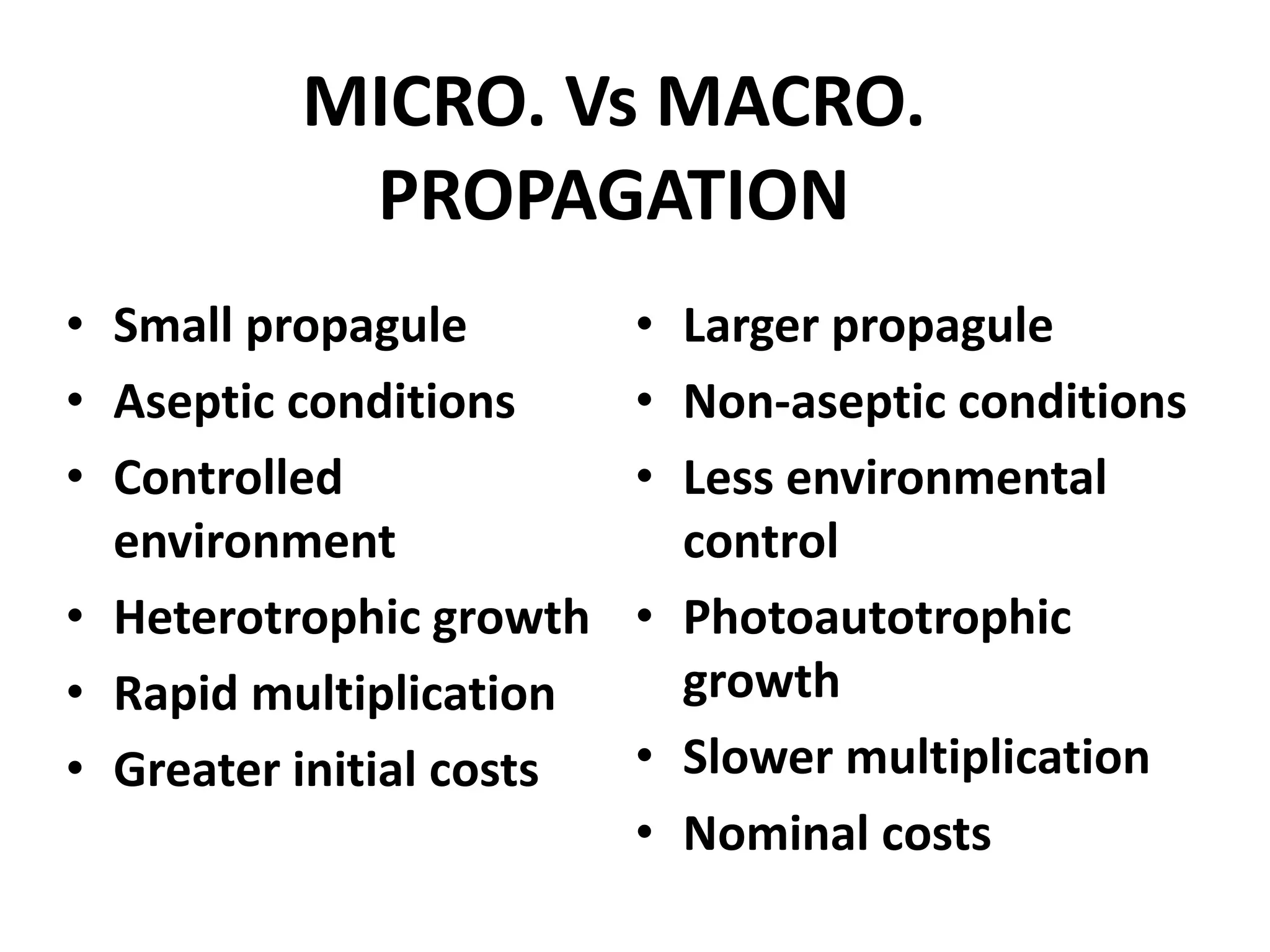 MICRO. Vs MACRO. 
PROPAGATION 
• Small propagule 
• Aseptic conditions 
• Controlled 
environment 
• Heterotrophic growth 
• Rapid multiplication 
• Greater initial costs 
• Larger propagule 
• Non-aseptic conditions 
• Less environmental 
control 
• Photoautotrophic 
growth 
• Slower multiplication 
• Nominal costs 
 