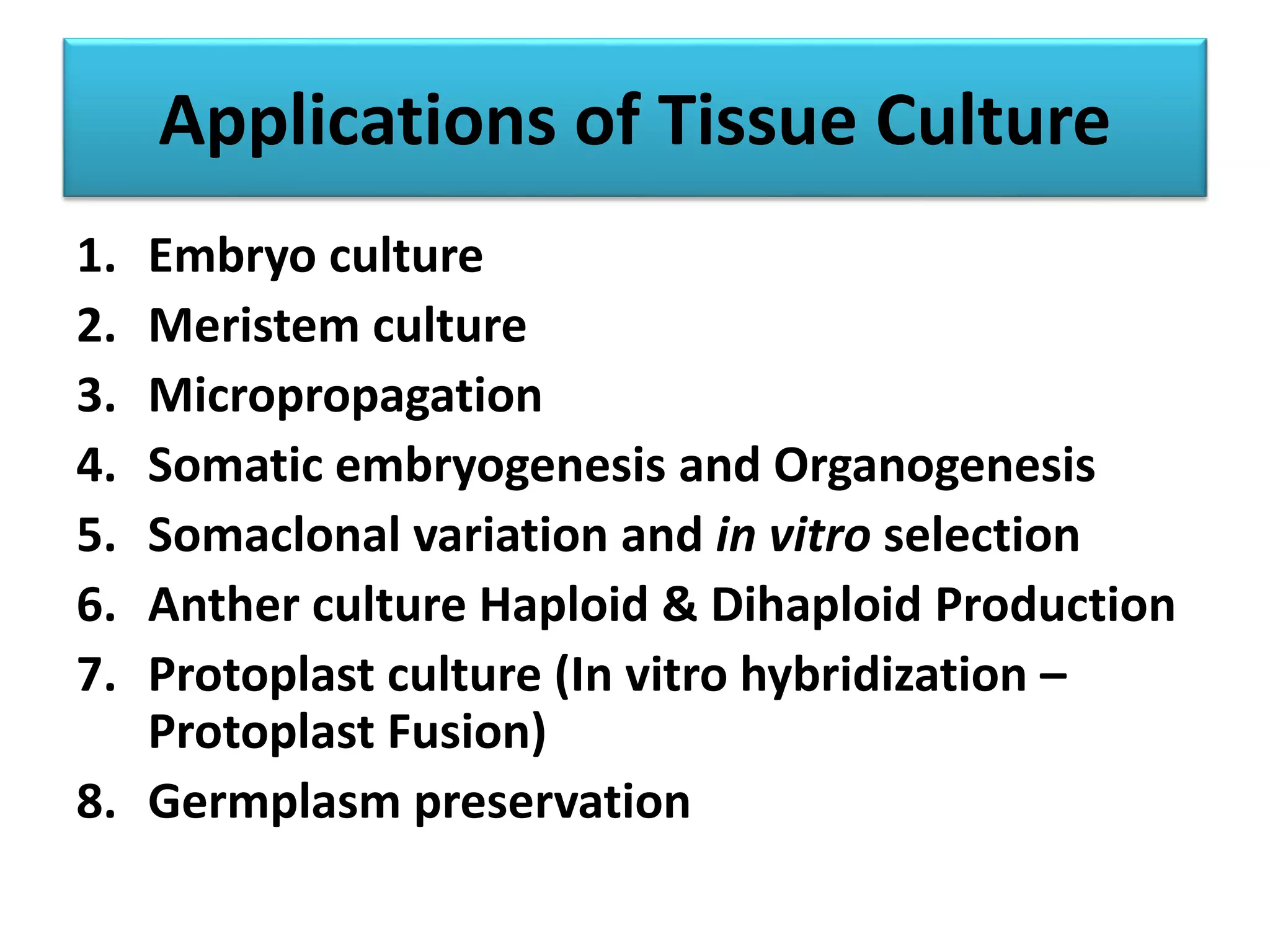 Applications of Tissue Culture 
1. Embryo culture 
2. Meristem culture 
3. Micropropagation 
4. Somatic embryogenesis and Organogenesis 
5. Somaclonal variation and in vitro selection 
6. Anther culture Haploid & Dihaploid Production 
7. Protoplast culture (In vitro hybridization – 
Protoplast Fusion) 
8. Germplasm preservation 
 