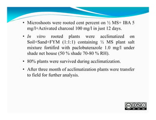 • Microshoots were rooted cent percent on ½ MS+ IBA 5
mg/l+Activated charcoal 100 mg/l in just 12 days.
• In vitro rooted plants were acclimatized on
Soil+Sand+FYM (1:1:1) containing ½ MS plant salt
mixture fortifird with paclobuterazole 1.0 mg/l under
shade net house (50 % shade 70-80 % RH).
• 80% plants were survived during acclimatization.
• After three month of acclimatization plants were transfer
to field for further analysis.

 