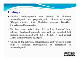 Findings
• Nucellar embryogenesis was induced in different
monoembryonic and polyembryonic cultivars of mango
(Mangifera indica L) viz., Dashehari, Amrapali, Bapakkai,
Kurukkan and Moovandan.
• Nucellus tissue excised from 3.5 cm long fruits of these
cultivars developed pro-embryonic calli on modified MS
medium supplemented with 2,4-D 4.52μM + malt extract
0.05% and spermidine 13.78μM.
• Among all the cultivars, polyembryonic cultivars gave higher
level of somatic embryogenesis in comparison to
monoembryonic.

 